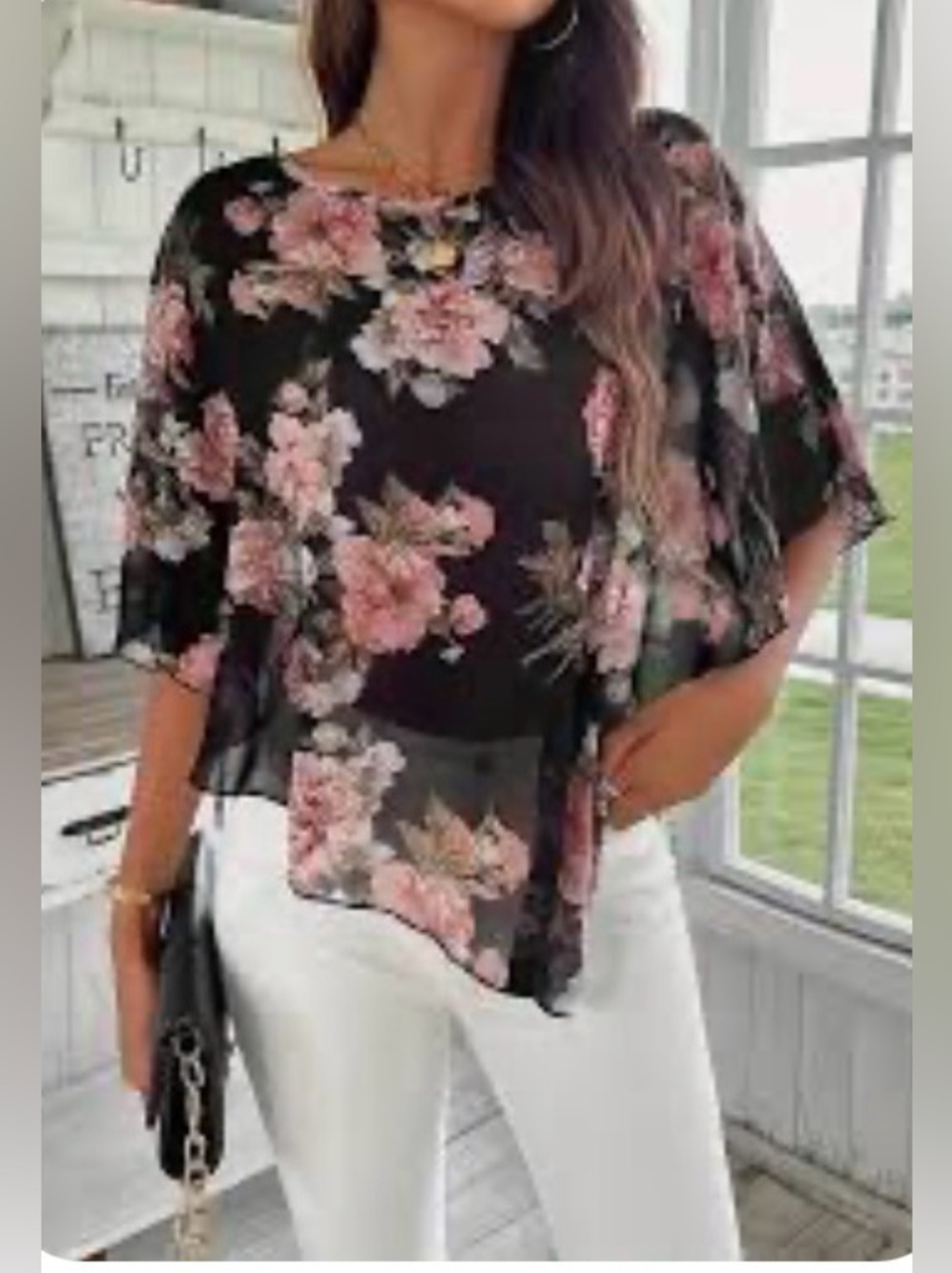 APT9 Women Small Black Pink Floral Whimsigoth Floral Chiffon Overlay Cape Top